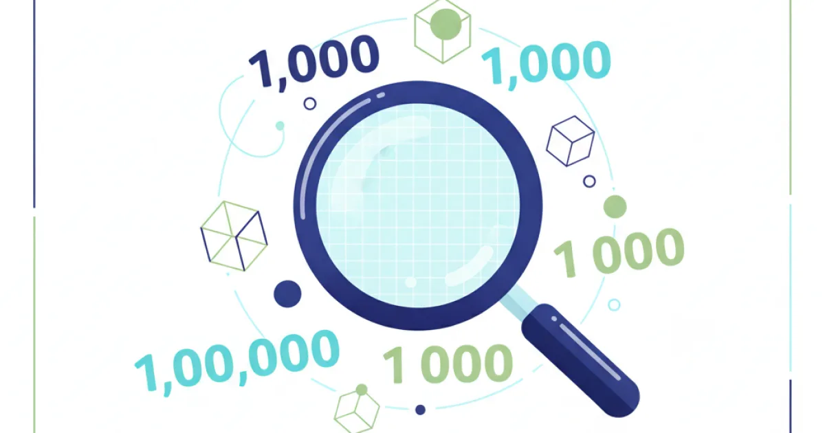 A magnifying glass examining various number formats like 1,000, 1.000, and 1,00,000, illustrating how commas and dots are used as separators.