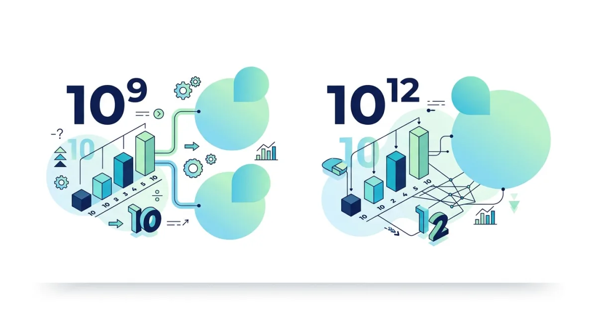 A side-by-side comparison diagram showing how short scale and long scale systems name large numbers like 10^9 and 10^12 differently.