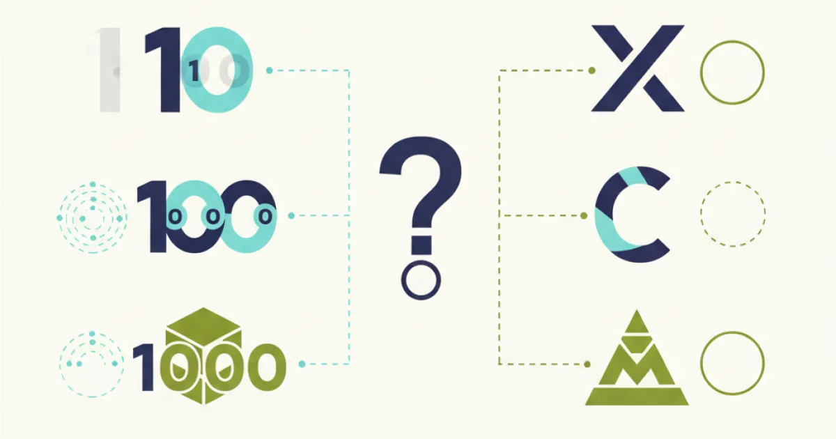 A comparison diagram showing Arabic numerals with zeros next to Roman numeral equivalents with no zero symbols on a navy and cyan background.