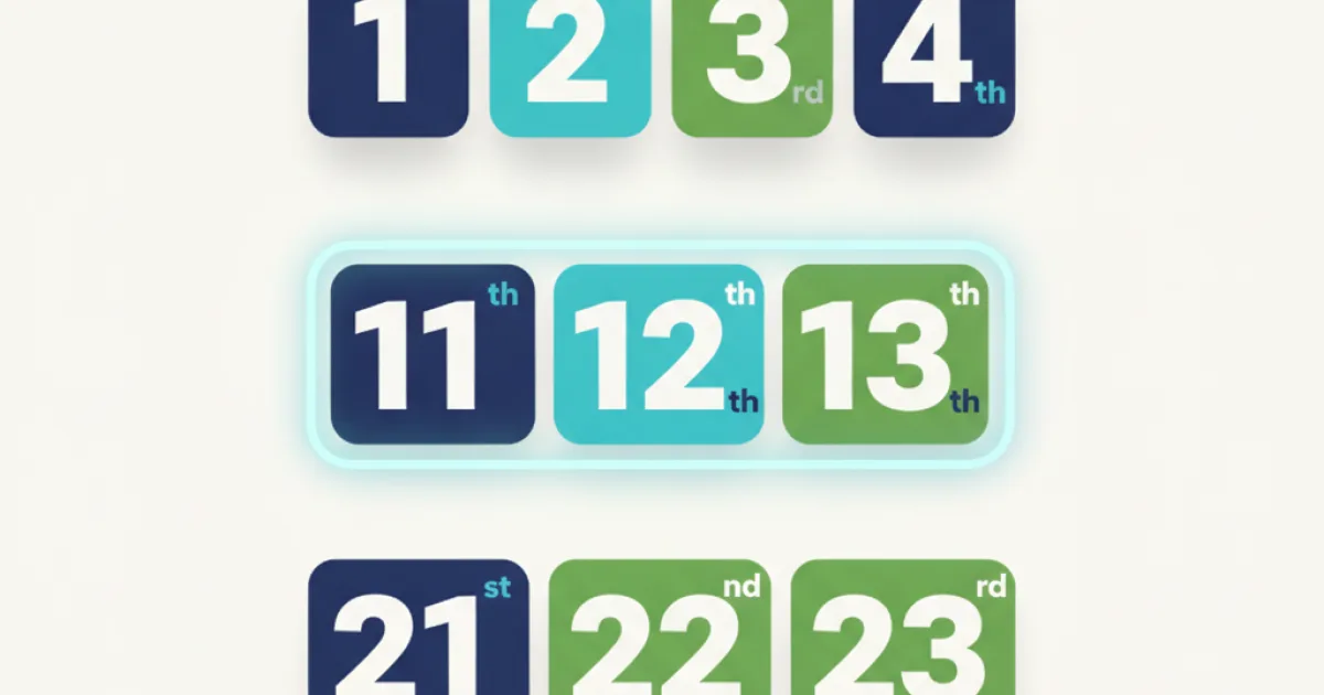 An illustration showing ordinal numbers 1st, 2nd, 3rd, 11th, 12th, 13th, 21st, 22nd, 23rd with their correct suffixes, visually highlighting the 'th' exception