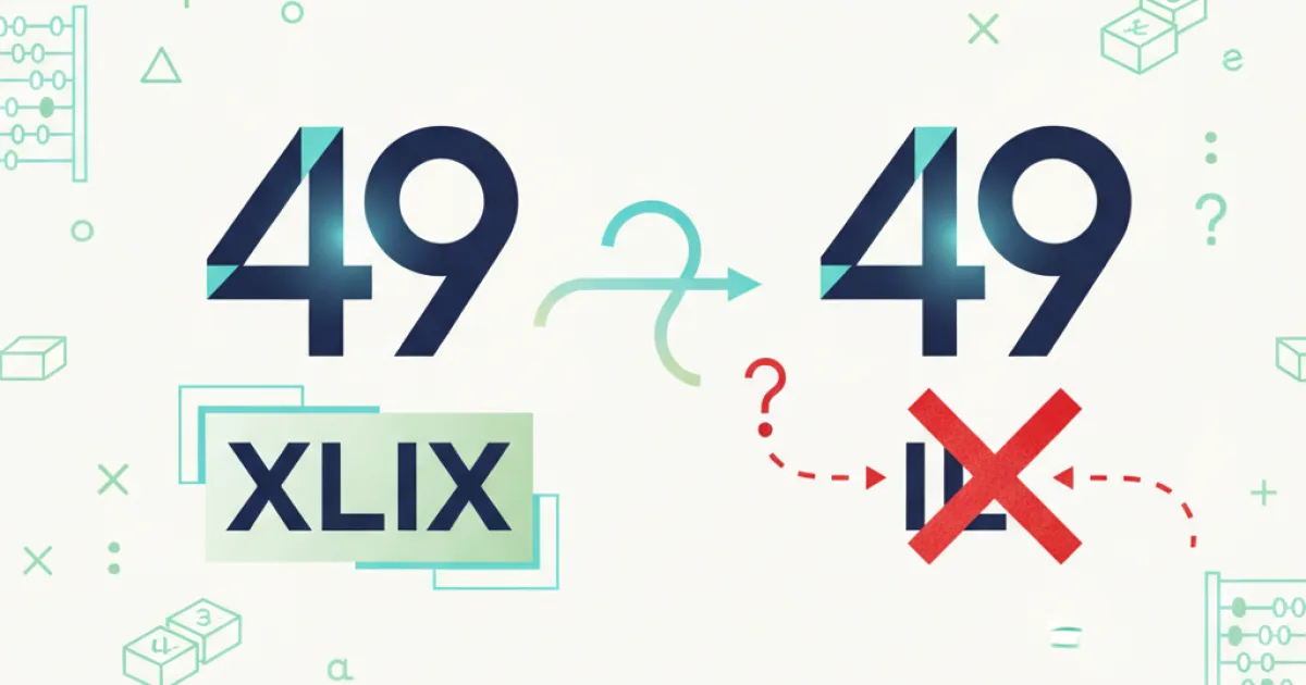 An educational diagram showing the breakdown of the Roman numeral XLIX into 40 plus 9, contrasted with the non-standard form IL.
