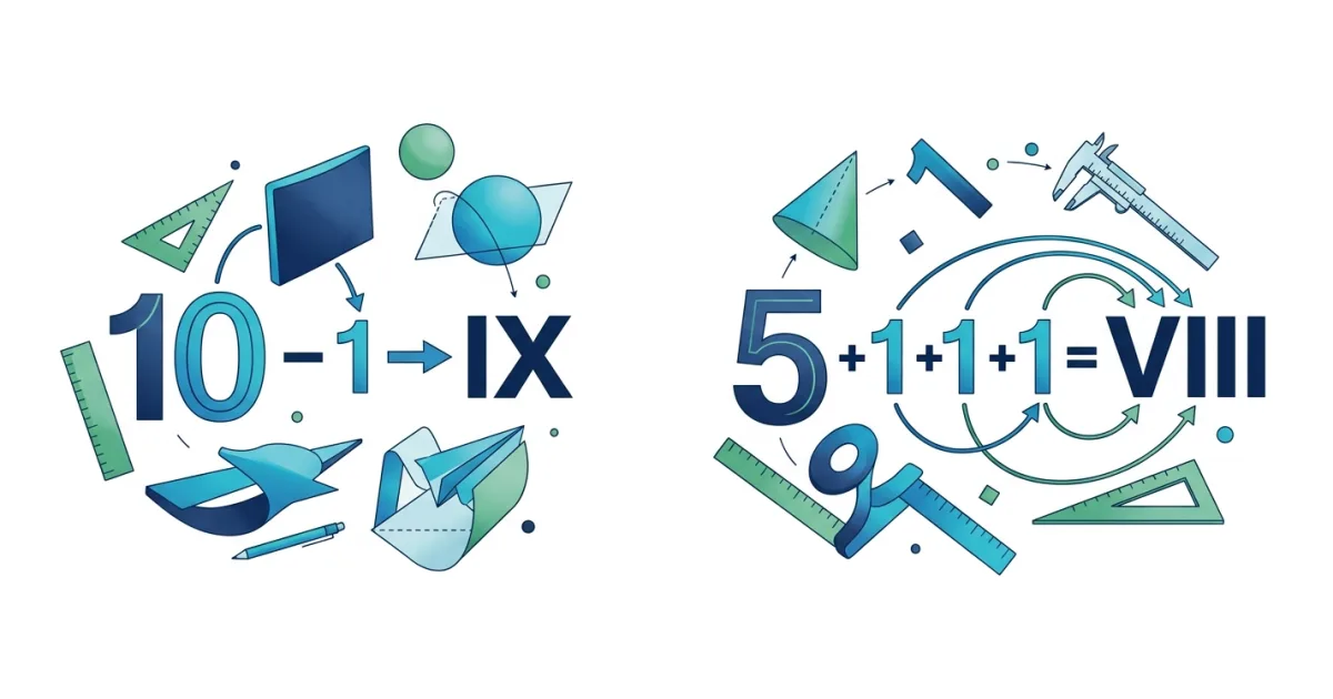 A diagram demonstrating the difference between Roman numeral IX (10 minus 1 equals 9) and VIIII (5 plus 4 equals 9).